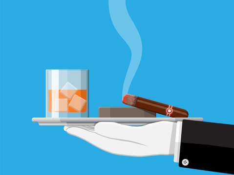 Glass Of Whiskey With Cigar And Ashtray In Hand. Premium Alcohol, Tobacco. Bourbon Alcoholic Drink, Smoking Products. Luxury Lifestyle Concept. Vector Illustration In Flat Style