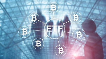 Fototapeta premium Bitcoin ETF cryptocurrency trading and investment concept on double exposure background.