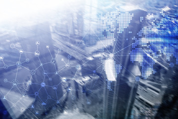 Double exposure mixed media. Diagrams, icons and relations structure on hologram screen. Business people and modern city on background.