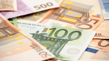 Euros bills of different values. Euro bill of one hundred