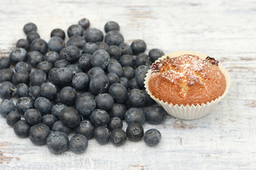 Blueberry Muffin and blueberries on wood