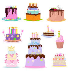 Set of birthday cakes party elements isolated on white background