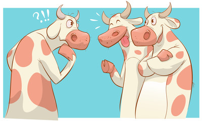 Cartoon cows talking with different emotions vector illustration