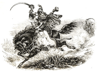 The fleeing lovers in battle - Illustration from 1848 - 255306186