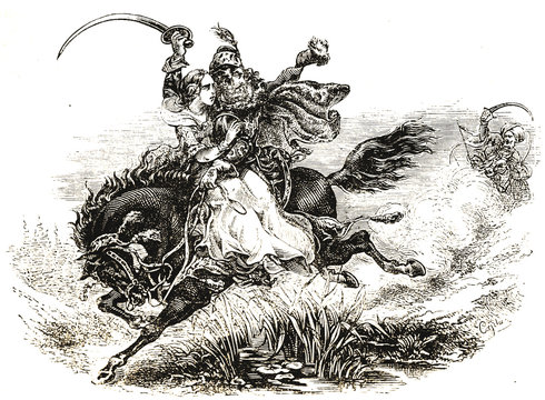 The fleeing lovers in battle - Illustration from 1848