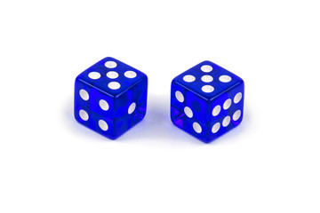 Two blue glass dice isolated on white background. Five and five.