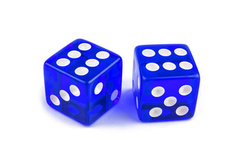 Two blue glass dice isolated on white background. Six and six.