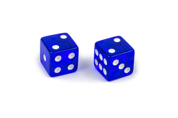 Two blue glass dice isolated on white background. Two and two.