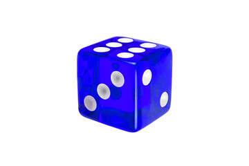 Blue glass dice isolated on white without shadow.