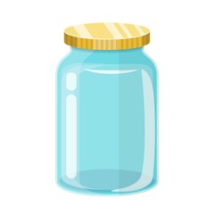Empty glass transparent jar with gold lid. Vector illustration in flat style