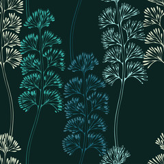 Underwater plants. Seamless vector pattern with algae on black background.