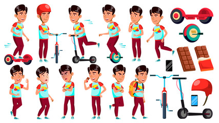 Asian Boy Schoolboy Set Vector. Primary School Child. Cheerful Pupil. Friends. Fun, Activity. Lifestyle Summer. Life, Emotional. For Banner, Flyer, Web Design. Isolated Cartoon Illustration