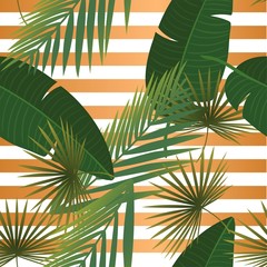 Summer tropical palm leaves seamless pattern on copper texture stripes.