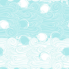 Fototapeta na wymiar Waves background with fishes. Marine seamless pattern. Vector illustration.