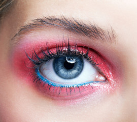 Closeup macro shot of closed human female eye with pink smoky eyes  shadows