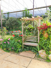 long old wooden bench in the green garden