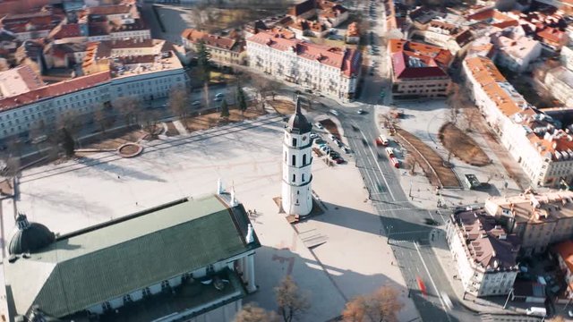 Bell tower in Cathedral Square in Vilnius, Lithuania, aerial hyperlapse