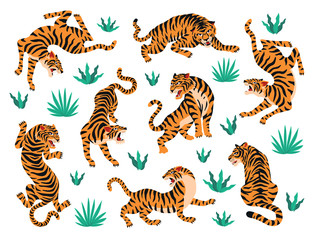 Vector set of tigers and tropical leaves. Trendy illustration. © Angelina Bambina