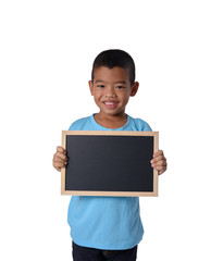 Asian Country boy with blank black chalkboard  for education conceptual isolated on white background