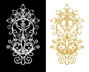 set of decorative elements. Shiny gold and silver curls, Arabic motif, arabesques. Isolated.