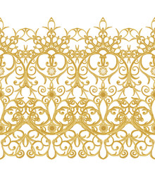 Seamless pattern. Golden textured curls. Oriental style arabesques. Brilliant lace, stylized flowers. Openwork weaving delicate, golden background.