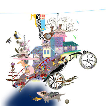 crazy house car with a dog, an old woman in pink hat is riding an upturned car with colorful houses and a washing line on top of it