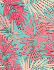 Tropical seamless pattern with leaves. Beautiful tropical isolated leaves. Fashionable summer background with leaves for Tropical seamless pattern. Palm tree leaves. For print, wallpaper, fabric.