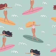Surfing girls on the surf boards in the sea. Summer beach seamless pattern - 255313799