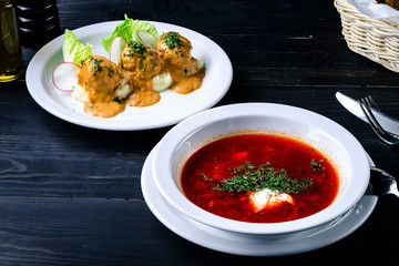 borsch soup in a cafe, lunch menu