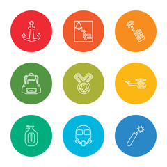 Fototapeta premium outline stroke explosive, gas mask, granade, helicopter, medal, backpack, walkie talkie, strategy, anchor, vector line icons set on rounded colorful shapes