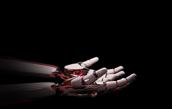 Red robot hand making contact with human hand 3D rendering