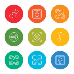 outline stroke up arrow, confirm, refresh, down arrow, expand, right arrow, diagonal down transfer, vector line icons set on rounded colorful shapes