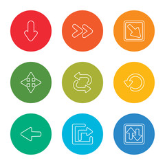 Fototapeta premium outline stroke transfer, extract, left arrow, rotate, repeat, move, diagonal arrow, double arrow, down vector line icons set on rounded colorful shapes