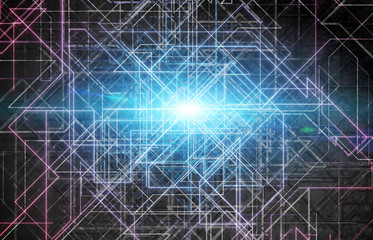 Futuristic blue and pink connection background with lines and roads printed on metal texture