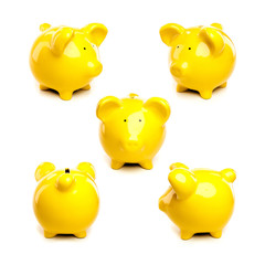 Different views of yellow piggy pig bank on white background (Front Back Side Angle)