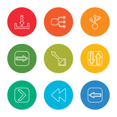 outline stroke left arrow, backward, right arrow, sort, drag, right arrow, multiply, multiply, download, vector line icons set on rounded colorful shapes