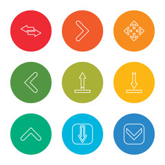 outline stroke download, down arrow, up arrow, download, upload, left arrow, move, right transfer, vector line icons set on rounded colorful shapes