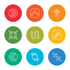 outline stroke minimize, circuit, rewind, diagonal, curved arrow, center align, multiply, up arrow, fast forward, vector line icons set on rounded colorful shapes