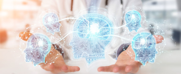 Doctor creating artificial intelligence interface 3D rendering
