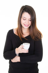 Woman breathing holding a coffee mug in white background
