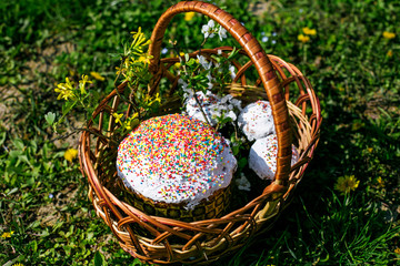 Easter basket with cake and colored eggs among spring flowers and grass blossom. Holiday cookies with bright icing top for spring celebration. Traditional Easter treat – sweet cooking and painted eggs