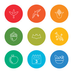 Fototapeta premium outline stroke picnic basket, calendar, apple, rake, bat, acorn, corn, bird migration, leaf, vector line icons set on rounded colorful shapes