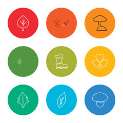 outline stroke mushroom, leaf, leaf, leaf, rubber roots, mushroom, lander, space capsule, vector line icons set on rounded colorful shapes