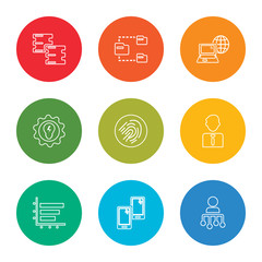 outline stroke users, mobile phone, bar chart, businessman, fingerprint scan, solution, laptop, file transfer, database, vector line icons set on rounded colorful shapes