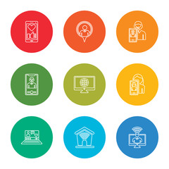 outline stroke influencer, home, vlogger, selfie, computer, selfie, selfie, follower, like, vector line icons set on rounded colorful shapes