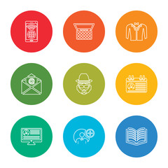 outline stroke literature, follow, visitor, profile, hipster, email, fashion, makeup palette, smartphone, vector line icons set on rounded colorful shapes