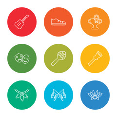 outline stroke headdress, necklace, necklace, horn, rattle, theater masks, trophy, shoes, guitar, vector line icons set on rounded colorful shapes