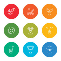 outline stroke football jersey, cocktail, cocktail, fireworks, dancer, sun, bikini, surf, brazil, vector line icons set on rounded colorful shapes