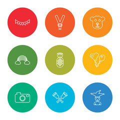 outline stroke joker, vuvuzela, photo camera, balloons, pineapple, rainbow, monkey, medal, garlands, vector line icons set on rounded colorful shapes