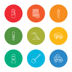 outline stroke camper, shovel, water, camper, tent, torch, torch, rope, sleeping bag, vector line icons set on rounded colorful shapes